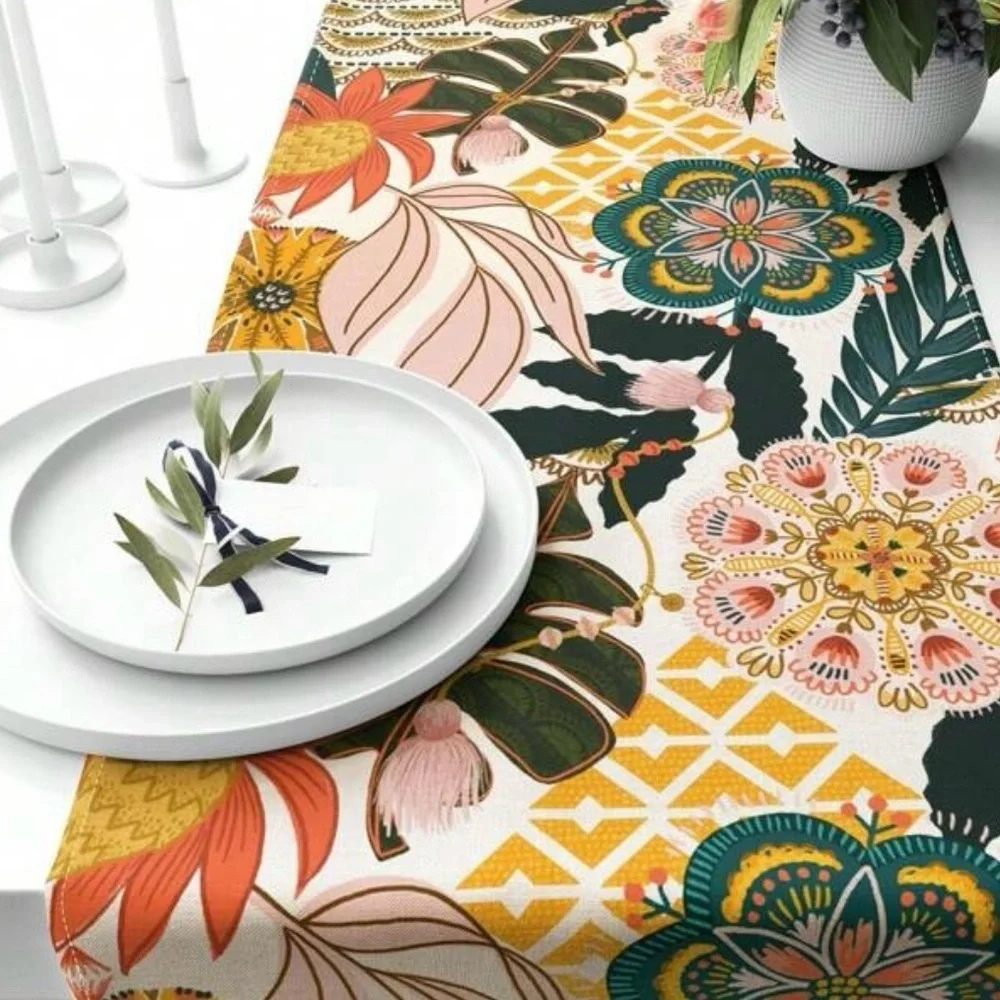 Colorful Floral and Plants Table Runner, 90” long